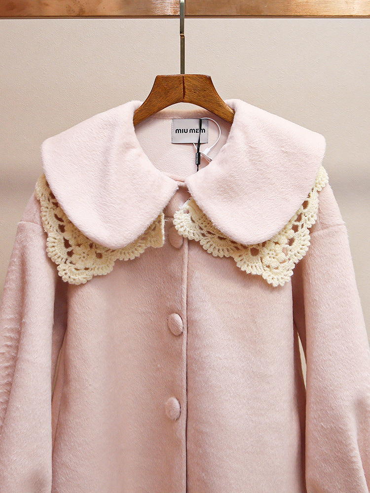 A04 French sweet palace style lace baby collar lantern sleeve loose woolen coat
