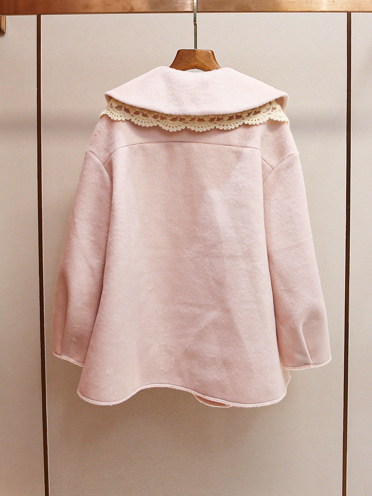A04 French sweet palace style lace baby collar lantern sleeve loose woolen coat