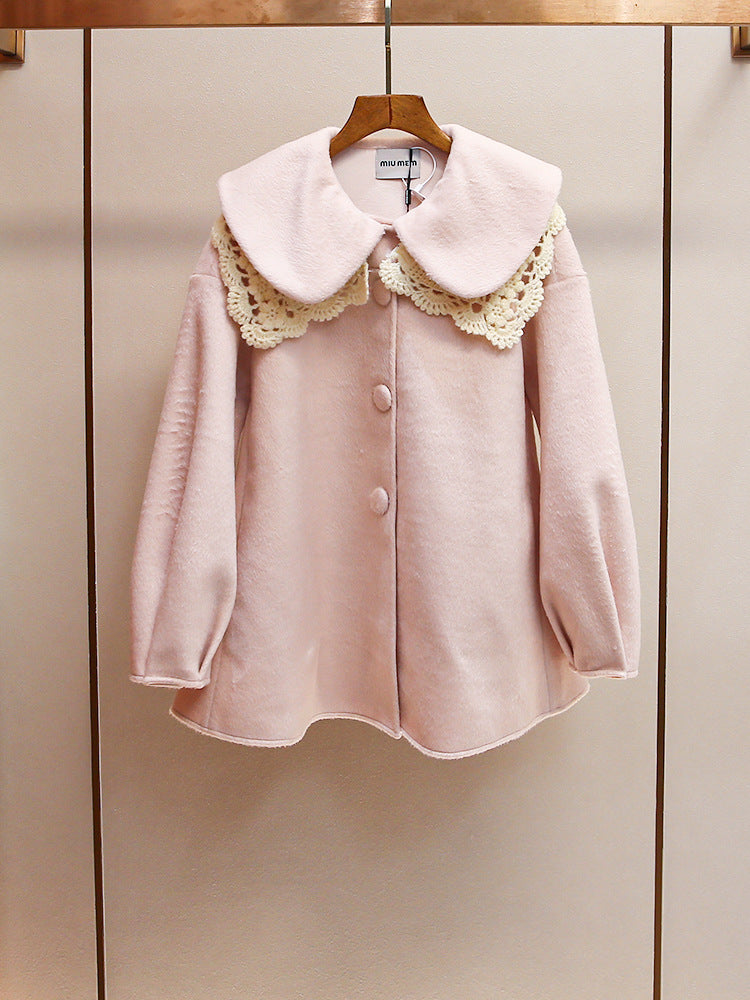 A04 French sweet palace style lace baby collar lantern sleeve loose woolen coat