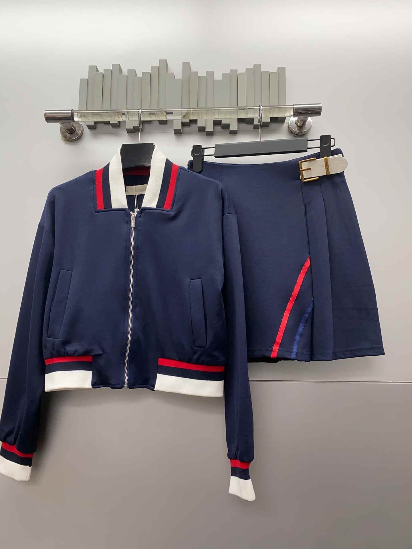 S2436 miu navy blue track jacket and matching pleated mini skirt