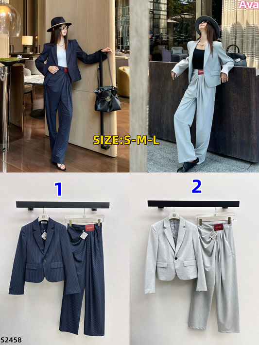 S2458 Loe pleated logo leather trim short suit set